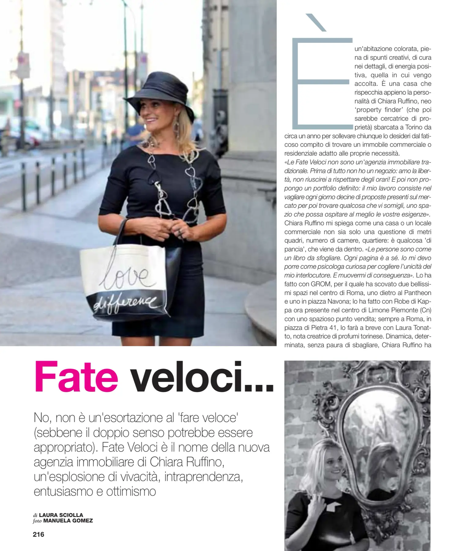 Torino Magazine, pagina 216: «Fate veloci…», Chiara con il cappello e la borsa Love Difference